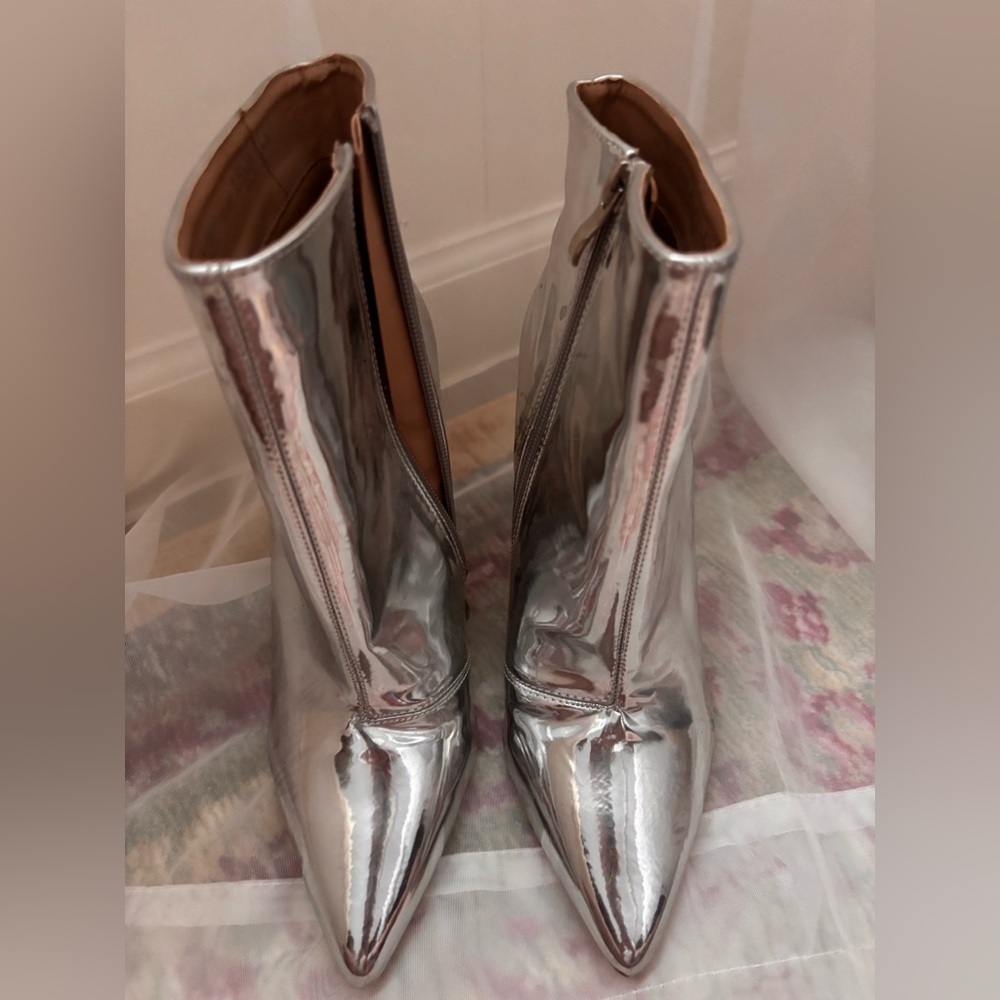 Metallic Silver Women's Ankle Boots - High Heel Zip Booties - Picture 2 of 15